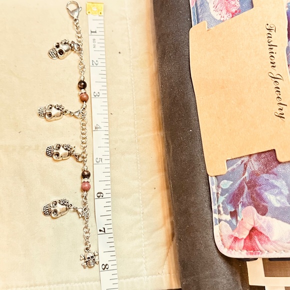 Stainless Steel Chain Link Bracelet Removable Skull Charms Round Rhodonite Beads - Picture 3 of 8